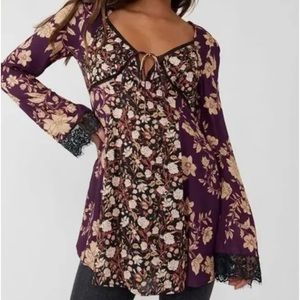Free People Tunic/ Dress Top S Purple Odette Floral Long Sleeve Lace Boho